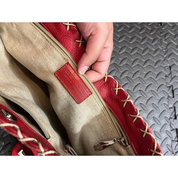 BERGE ITALY GENUINE LEATHER TOTE BAG RED w/ TAUPE STITCHING BOHO WOMENS PURSE - Picture 11 of 11